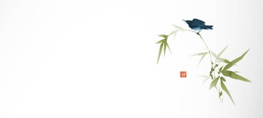 Yeşil bambu dalında küçük mavi bir kuşun mürekkep resmi. Geleneksel oryantal mürekkep boyası sumi-e, u-sin, go-hua. Hiyeroglifin çevirisi - zen.