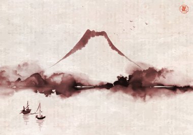 Fuji Dağı ile tek renkli mürekkep boyası, balıkçı tekneleri, uçan kuşlar ve suya yansıyan ağaçlar. Geleneksel oryantal mürekkep boyası sumi-e, u-sin, go-hua. Hiyeroglif- yaşam enerjisi