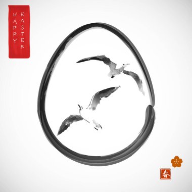 Minimalist easter greeting card in japanese ink painting style with two flying birds in egg. Traditional Japanese ink wash painting sumi-e. Hieroglyph - spring. clipart