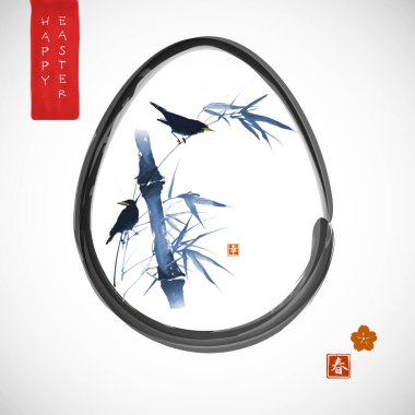 Minimalist easter greeting card in japanese ink painting style with blue bird on bamboo in egg. Traditional Japanese ink wash painting sumi-e. Hieroglyph - spring. clipart