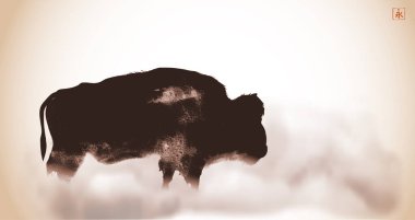 Kaliteli sisli bir bufalo resmi. Geleneksel oryantal mürekkep boyası sumi-e, u-sin, go-hua. Hiyeroglif- sonsuzluk.