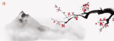 Kiraz çiçeği dalı ve sisli dağların mürekkep resmi. Geleneksel oryantal mürekkep boyası sumi-e, u-sin, go-hua. Hiyeroglif- berraklık