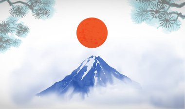 Sumi-e painting of a blue Mount Fuji with a red sun rising, framed by pine branches clipart