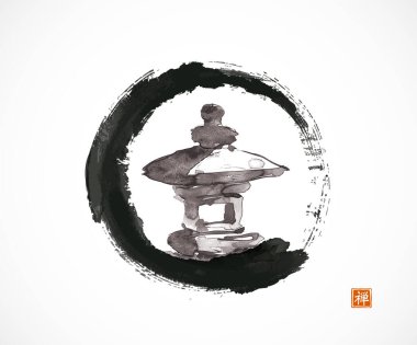 Minimalist ink painting of japanese toro stone lantern in black enso zen circle on white. Traditional Japanese ink wash painting sumi-e. Translation of hieroglyph - zen. clipart