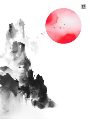 Yüksek uçurumların üzerinde kuş sürüsü ve kırmızı güneş ile mürekkep boyama. Geleneksel oryantal mürekkep boyası sumi-e, u-sin, go-hua. Hiyeroglif- sonsuzluk.