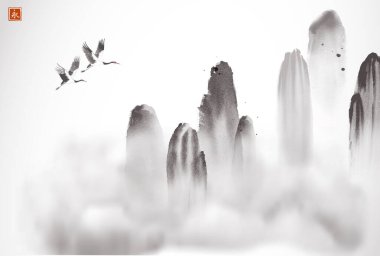 Yüksek dağların üzerinden uçan vinç resimleri. Geleneksel oryantal mürekkep boyası sumi-e, u-sin, go-hua. Hiyeroglifin çevirisi - sonsuzluk