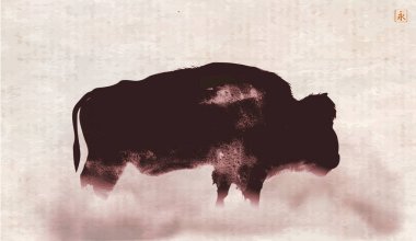 Kaliteli arka planda sisli bir bufalo resmi. Geleneksel oryantal mürekkep boyası sumi-e, u-sin, go-hua. Hiyeroglif- sonsuzluk.