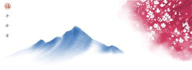 Sakura çiçekleri ve mavi dağlarla basit bir manzara. Geleneksel oryantal mürekkep boyası sumi-e, u-sin, go-hua. Hiyeroglifler - barış, sükunet, berraklık, refah.
