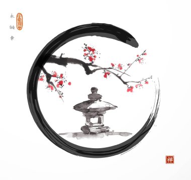 Siyah enso zen çemberinde kiraz çiçeğinin altındaki Japon fener torosu. Minimalist sumi-e resim. Hiyeroglifler - sonsuzluk, özgürlük, mutluluk, zen.