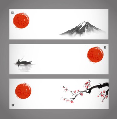 Bir dağ, balıkçı ve açan bir kiraz dalı ve büyük kırmızı güneşi olan sumi-e tarzı üç vektör sancağımız var. Hiyeroglif- mutluluk