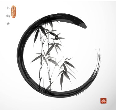 Beyaz arka planda siyah enso zen çemberli bambu. Geleneksel Japon mürekkep boyası sumi-e hiyeroglifler - sonsuzluk, özgürlük, mutluluk, zen.