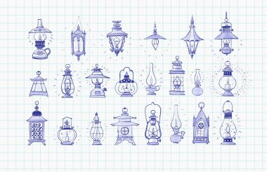 Karalama tarzı klasik fener ve lamba koleksiyonu, her biri eşsiz detaylı ve el çizimi mavi kalemle çizilmiş..