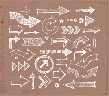 El çizimi karalama oklarının çeşitli stil ve yönlerde çarpışması, kahverengi paket kağıdının arka planında kaba, sanatsal bir hisle çizilmiş.