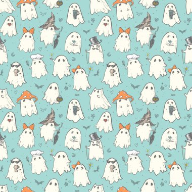 Açık mavi bir arka planda çeşitli kostümler içindeki kusursuz karalama hayaletleri. Duvar kağıdı, şablon dolguları, tekstil, web sayfası arka planı, yüzey dokuları için kullanılabilir