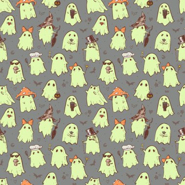 Koyu gri bir arka planda, çeşitli kostümler içinde parıldayan yeşil hayaletlerin kusursuz deseni. Duvar kağıdı, şablon dolguları, tekstil, web sayfası arka planı, yüzey dokuları için kullanılabilir