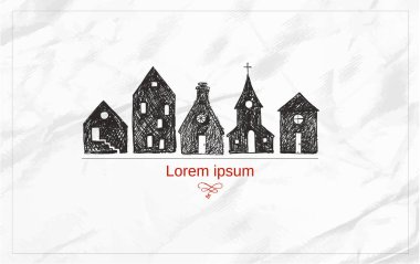 Çeşitli çatı şekillerine sahip, basit, koyu gölgeli evlerin taslağı, beyaz kağıt arka planda metinleriniz için yer var.