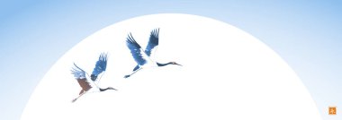 Uçarken mavi vinçli mürekkep boyası ve büyük güneş. Geleneksel oryantal mürekkep boyası sumi-e, u-sin, go-hua. Hiyeroglif- sonsuzluk.