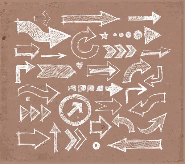 El çizimi karalama oklarının çeşitli stil ve yönlerde çarpışması, kahverengi paket kağıdının arka planında kaba, sanatsal bir hisle çizilmiş.