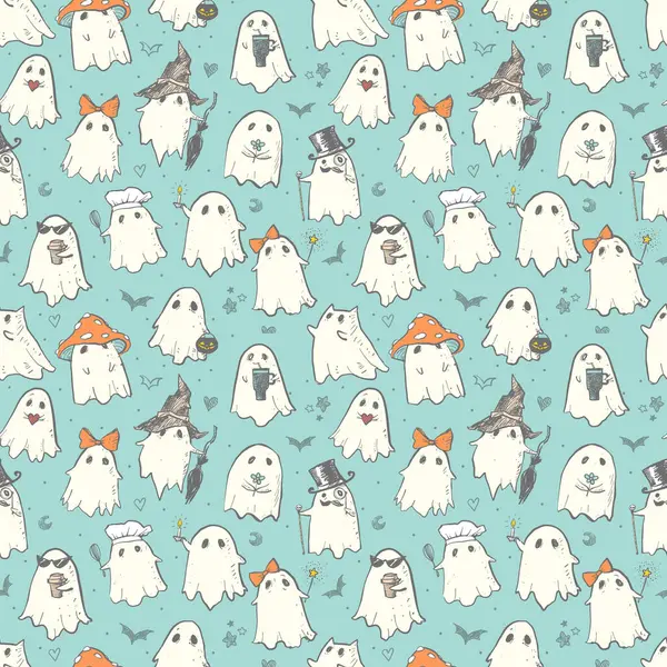 Açık mavi bir arka planda çeşitli kostümler içindeki kusursuz karalama hayaletleri. Duvar kağıdı, şablon dolguları, tekstil, web sayfası arka planı, yüzey dokuları için kullanılabilir