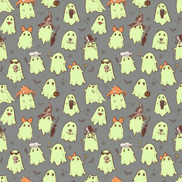 Koyu gri bir arka planda, çeşitli kostümler içinde parıldayan yeşil hayaletlerin kusursuz deseni. Duvar kağıdı, şablon dolguları, tekstil, web sayfası arka planı, yüzey dokuları için kullanılabilir