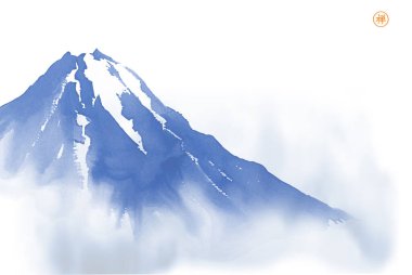 Mavi Fuji Dağı sisli. Geleneksel Japon mürekkep boyası sumi-e. Hiyeroglifin çevirisi - zen.