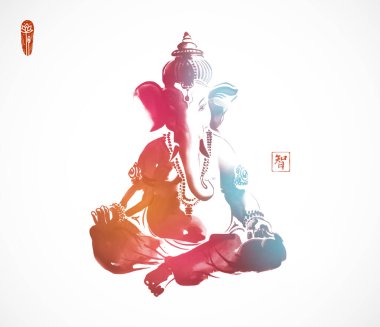 Ganesha 'nın renkli mürekkep tablosu bağdaş kurarak oturuyor. Geleneksel oryantal mürekkep boyası sumi-e, u-sin, beyaz arka planda go-hua. Hiyeroglif- bilgelik.