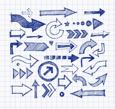 El çizimi mavi kalem karalama okları çeşitli stil ve yönlerde, çizilmiş kağıt arka planda kaba, sanatsal bir hisle çizilmiş.