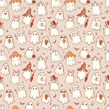 Açık bej bir arka planda çeşitli kostümler içindeki kusursuz karalama hayaletleri. Duvar kağıdı, şablon dolguları, tekstil, web sayfası arka planı, yüzey dokuları için kullanılabilir