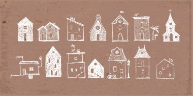 Hand-drawn doodle illustrations of various whimsical houses with unique shapes and details on brown parcel paper background