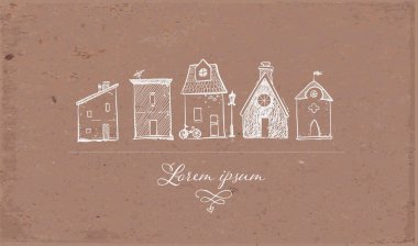 Hand drawn illustration of cute houses in a row with place for your text below on brown parcel paper.