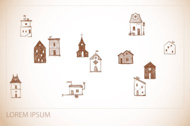Eski tarz taslak bina koleksiyonu ve metinleriniz için uygun olmayan şekilde düzenlenmiş evler.
