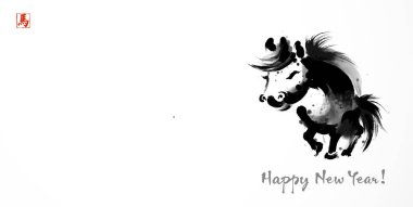 Geleneksel mürekkep boyama tarzında şirin ve komik bir at. Beyaz arka planda Çin Yeni Yıl tebrik kartı için mükemmel..