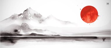 Sisli dağların üzerinde büyük kırmızı güneşi olan minimalist bir manzara. Geleneksel Japon mürekkep boyası sumi-e. Hiyeroglifin çevirisi - zen.