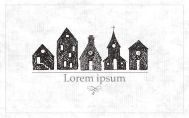 Çatı şekilli, basit, koyu gölgeli evler çizimi, eski kağıt arka planda metinleriniz için yer var.