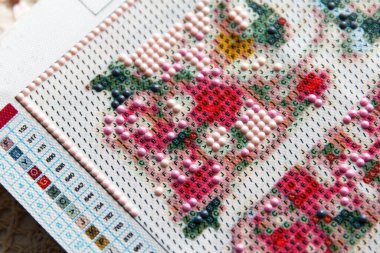 Akrilik renkli yuvarlak yapay elmaslardan üç boyutlu güzellik tablosu yapma ve yapıştırma işlemi. Merkeze odaklan