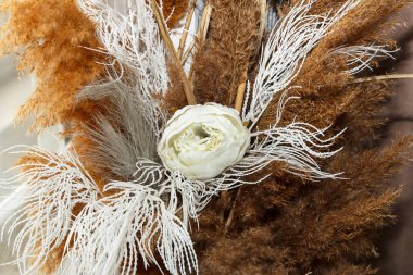 Güzel bir çiçek seti, beyaz ve kahverengi renkli sazlıklar ve tüyler, yakın plan. Odanın içini çok güzel süslüyor.