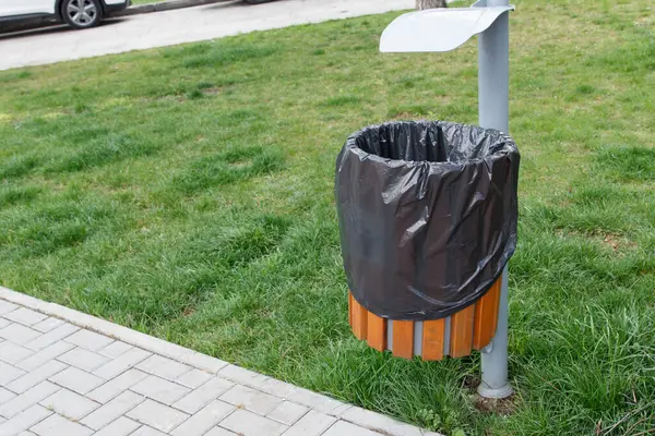 Siyah plastik kaplamalı umumi çöp tenekesi, ahşap kiremitler, kaldırımın yanındaki çimenli park arka planında. Kentsel temizlik kavramı