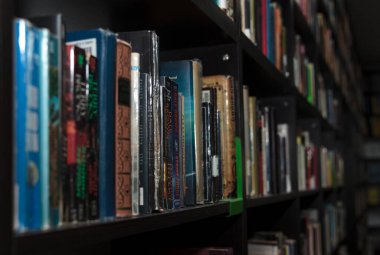 CHISINAU, MOLDOVA - 14 Mart 2025; Koyu ahşap kitaplıklar, gerçekçi stil, kapalı arkaplan, bilgi kavramı, eğitim, edebiyat üzerine sıkıca paketlenmiş kitapların yakın çekimi