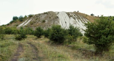 Doğal tebeşir tepesi, görünür erozyon desenleriyle, yabani çalılar ve çimlerle çevrili, kırsal alanda bulutlu bir gökyüzünün altında