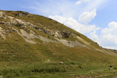 Yuvarlanan yeşil güzellik tepesi kayalık çıkıntılar ve seyrek bitki örtüsü, doğal manzara, bulutlu mavi gökyüzü altında, huzur dolu yaban hayatı konsepti.