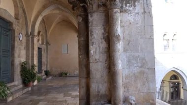 The square of Priverno seen from the arches of the cathedral. Priverno is a medieval town not far from Rome in Italy.