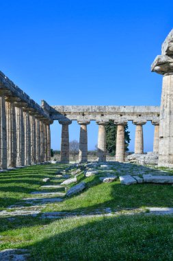 Architecture of an ancient Greek temple in the archaeological park of Paestum in Campania, Italy.