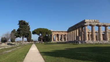 Architecture of an ancient Greek temple in the archaeological park in Salerno province, Campania state, Italy.