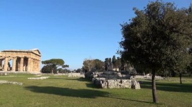 Landscape with ruins of Paestum, an ancient Greco-Roman city in the province of Salerno, Campania state, Italy.