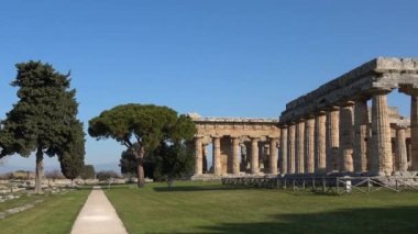 İtalya 'nın Salerno eyaletindeki bir Greko-Roma şehrinin antik tapınakları olan Paestum' un mimarisi..