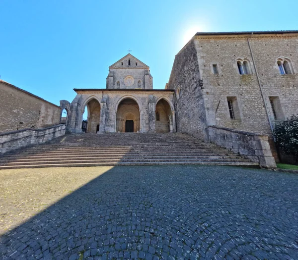 Facade Casamari Cathedral Overlooking Entrance Courtyard Medieval Monastery Rome Italy — Stock Photo, Image
