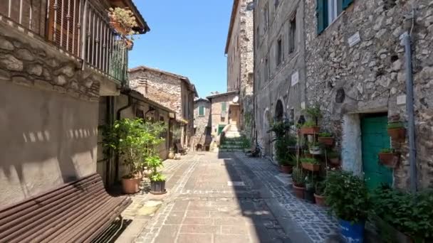 Ένας Στενός Δρόμος Ανάμεσα Στα Παλιά Σπίτια Του Olevano Romano — Αρχείο Βίντεο