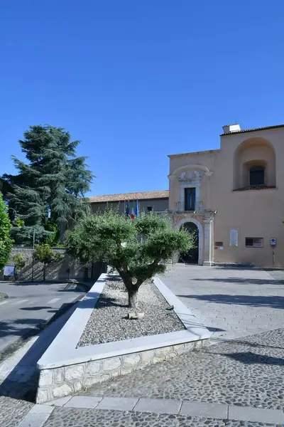 İtalya 'nın Salerno eyaletine bağlı bir ortaçağ köyü olan Buccino' daki belediye binasının meydanı..