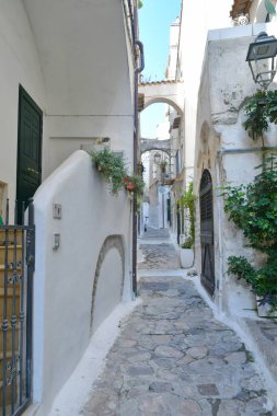  Sperlonga 'nın beyaz boyalı evleri arasında bir sokak, İtalya' nın Latina eyaletinde bir köy..