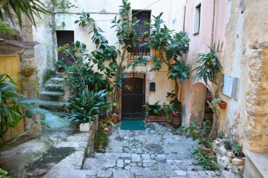 İtalya 'nın Lazio dağlarındaki ortaçağ köyü Monte San Biagio' nun eski evleri arasında dar bir sokak..